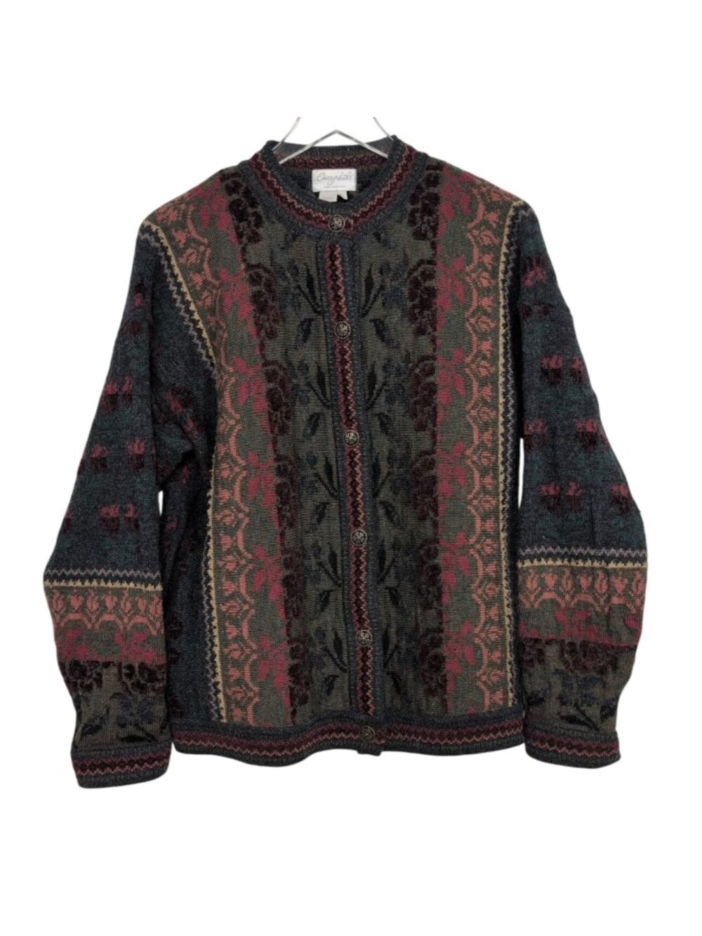 Cherry Lewis Floral Cardigan Womens Size Large Colorful Wool Blend Vintage Engla